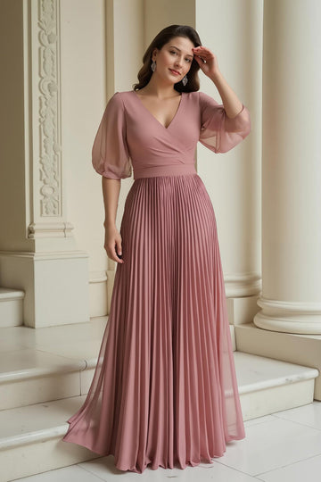 Dusty Rose A-ligne col en V en mousseline de soie longue mère de la mariée robe à volants